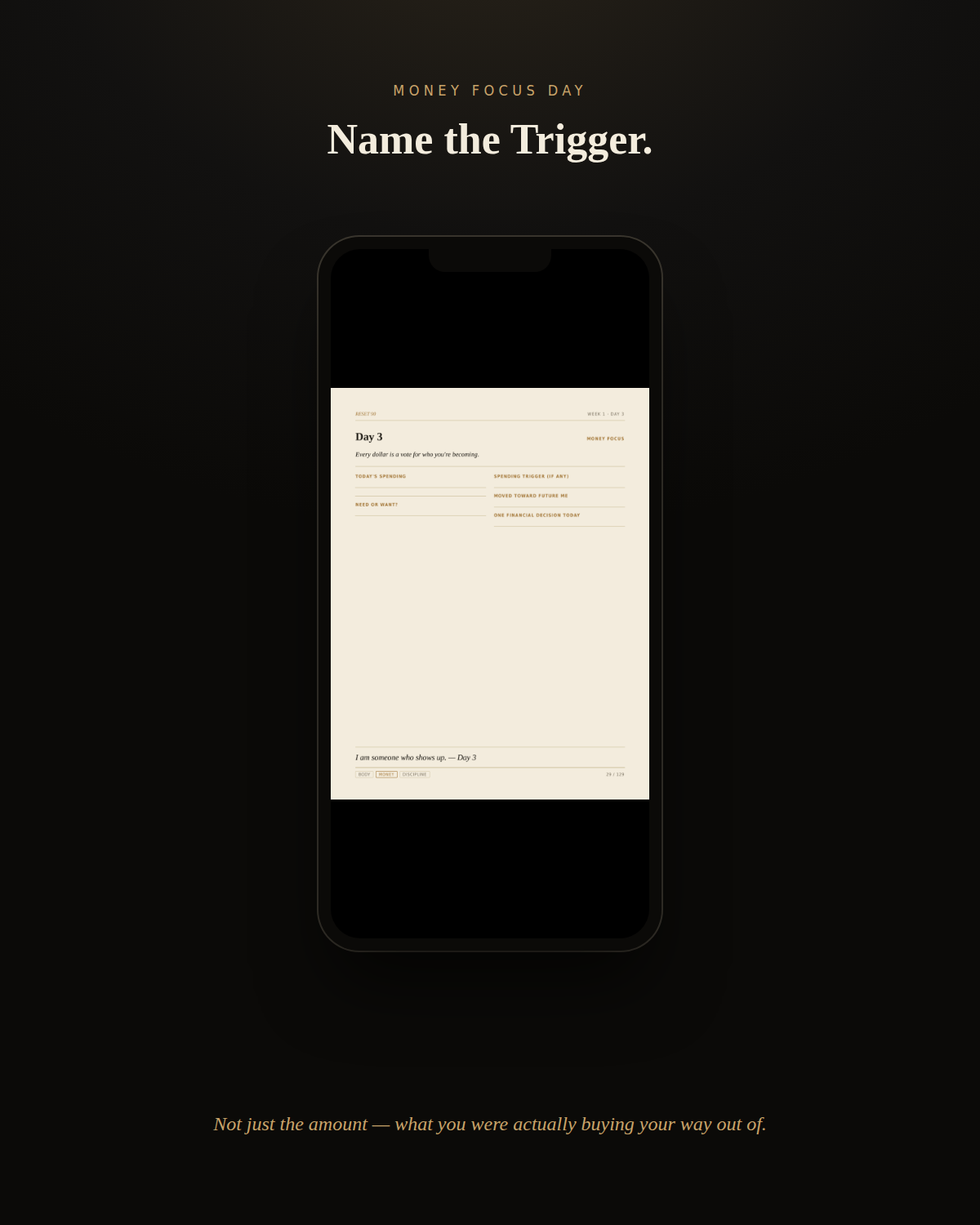 RESET 90 money tracker page - budget planner for men spending log