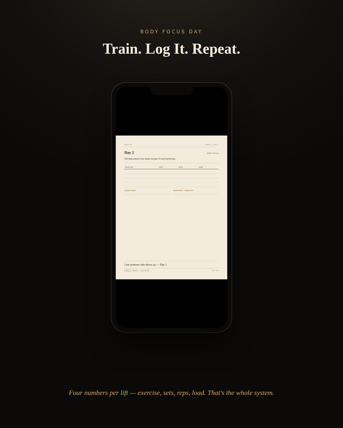 RESET 90 body tracker page - fitness planner for men workout log