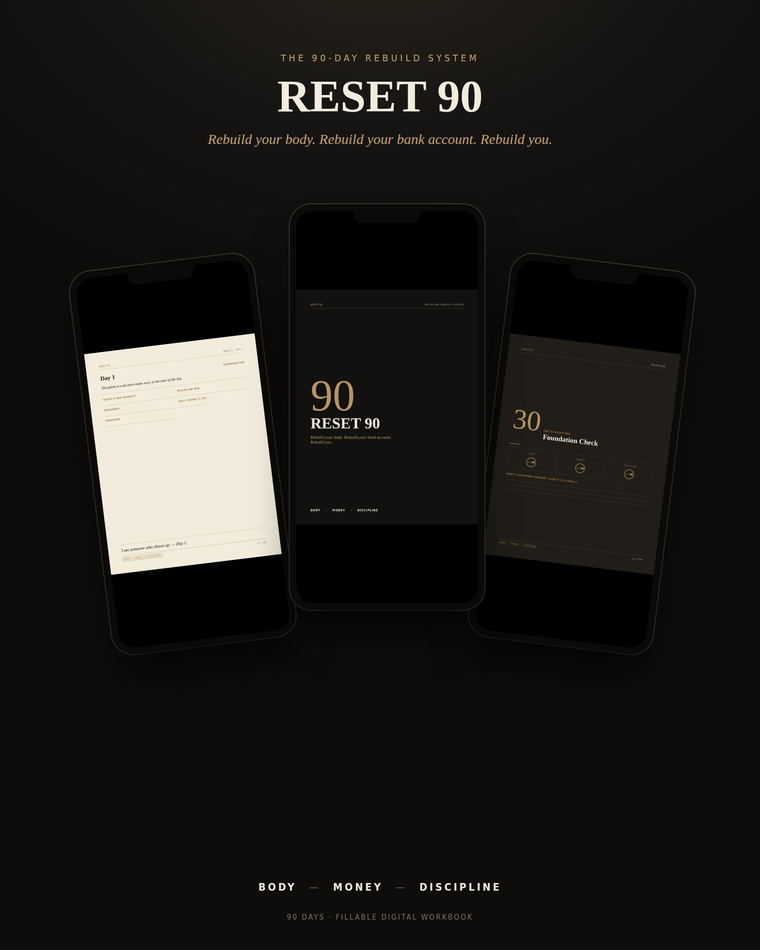 RESET 90 90-day planner for men shown on phone screens