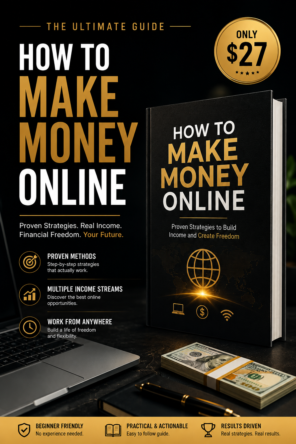 Promotional graphic for a book titled 'How to Make Money Online' with a price tag and laptop, money, and globe icons.