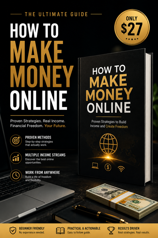 Promotional graphic for a book titled 'How to Make Money Online' with a price tag and laptop, money, and globe icons.