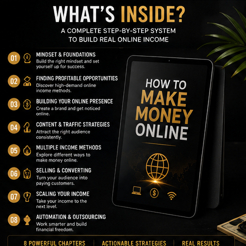 Promotional graphic for a guide on making money online with various text and images.