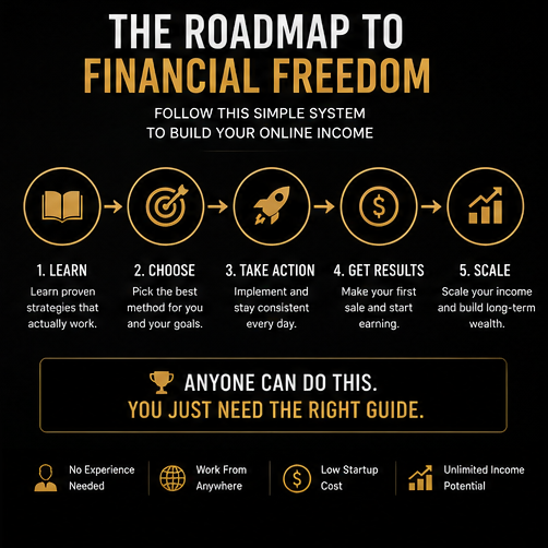 Promotional graphic for a guide on making money online with various text and images.