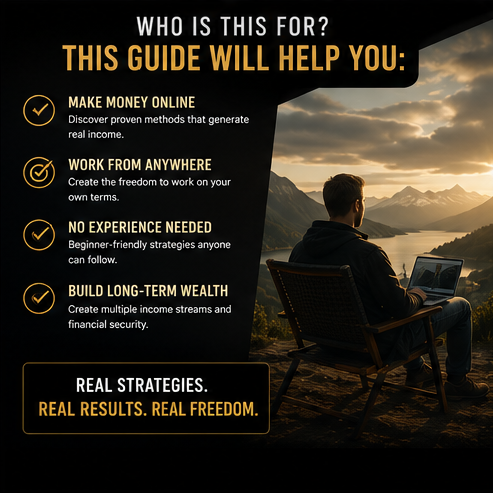 Promotional graphic for a guide on making money online with various text and images.