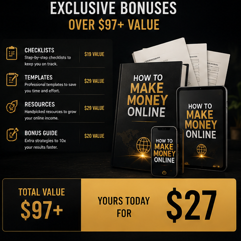 Promotional graphic for a guide on making money online with various text and images.